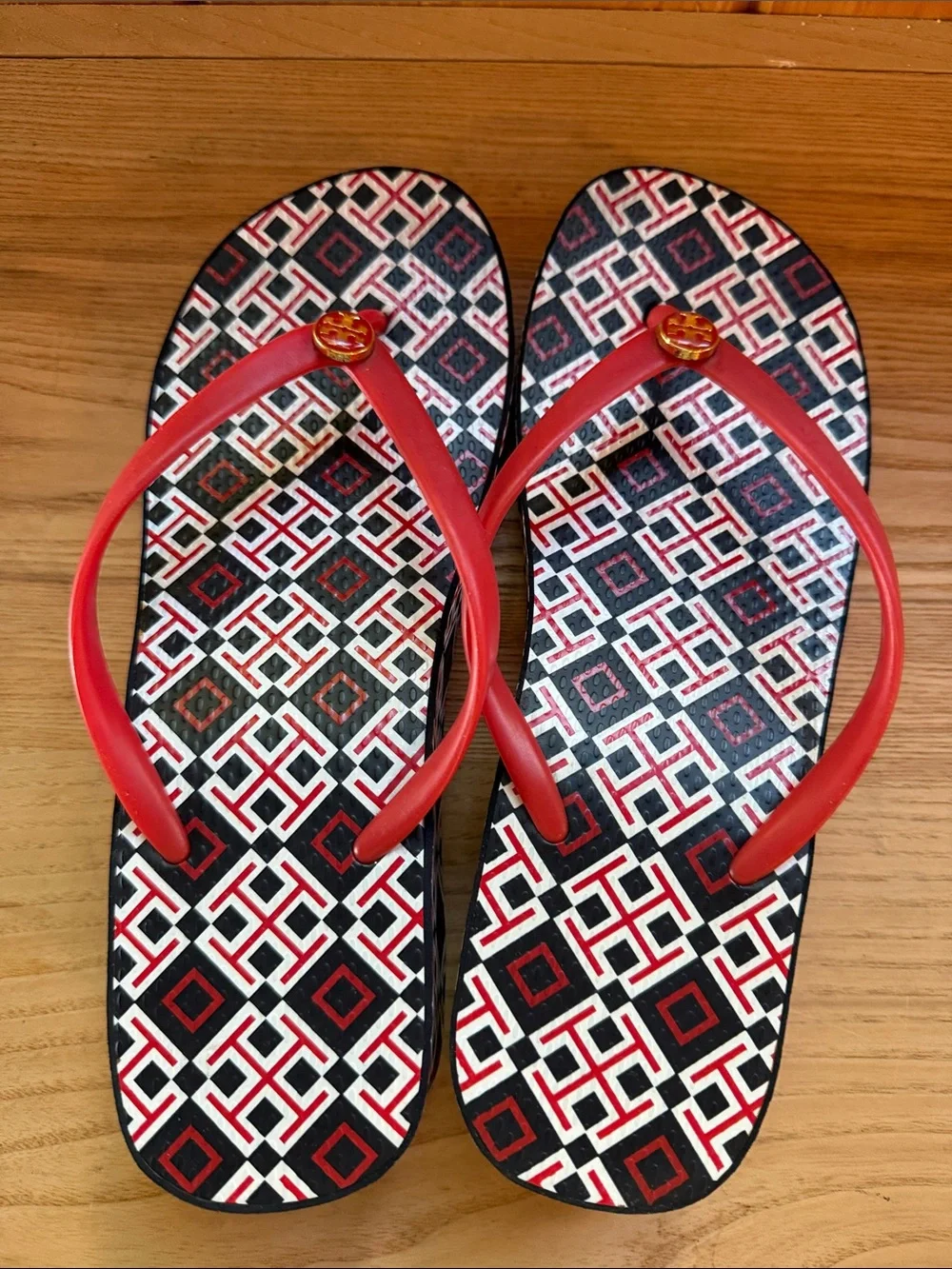 Tory Burch Red Strap Flip Flops with Geometric Footbed